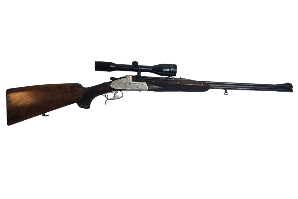 gebr. HAUPTMANN Bockdoppelbüchse mit langen Seitenplatten, Fingerhaken, mit SEM montiertes SWAROVSKI 6x42S Abs. 7, Zustand: Gut, Kal. 6,5-6,5x57R