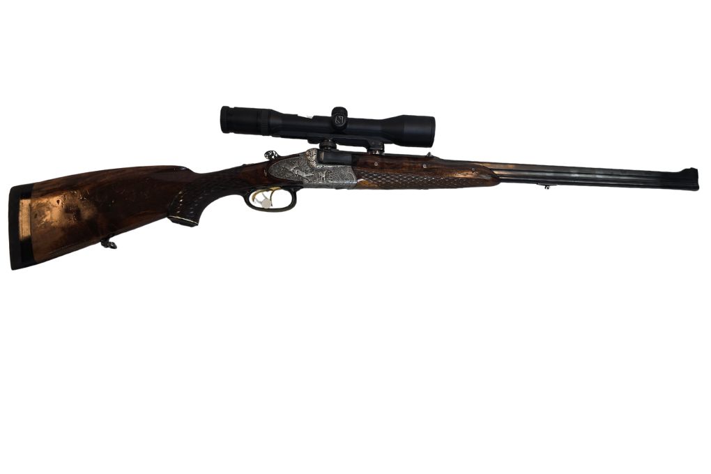 gebr. Franz SODIA Bergstutzen mit langen Seitenplatten mit 8 tiefgestochenen Tierstücken, mit durchgebrochenen Verschlusshebel, mit montiertem ZEISS Variopoint 2,5-10x50ZM Abs. LP Kal. .222 Rem.-30-06