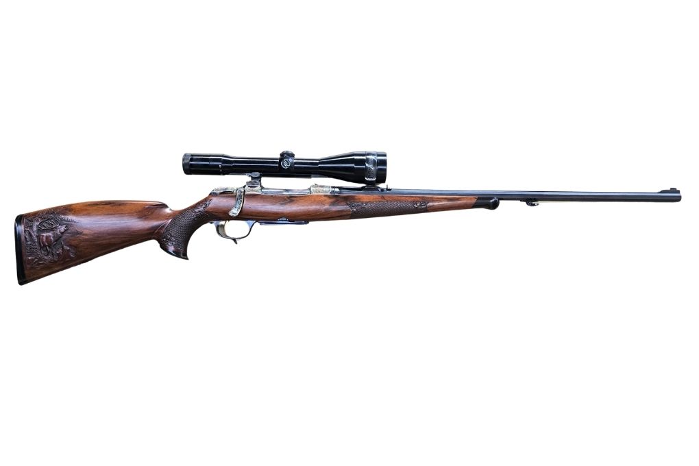 gebr. KRICO Sondermodell, Matchabzug, Achtkantlauf, graviertes System, Montage und Abzugsbügel mit Goldfaden, Ferlacher Schäftung und mit SEM montiertes ZEISS Diavari-Z 2,5-10x52ZM Abs. 4, Zustand: Sehr gut