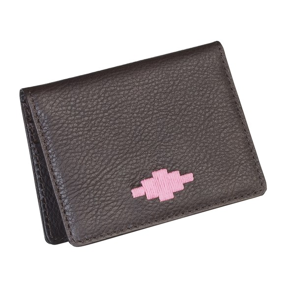 PAMPEANO Pase Travel Card Holder-brown leather with pink stiching 