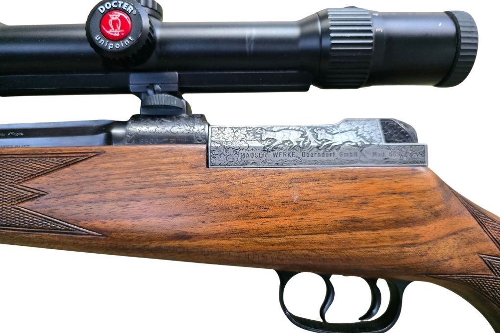gebr. MAUSER 66 Luxus mit graviertem System und Montage, Achtkantlauf, mit SEM montiertem DOCTER 3-9x56L Abs. Leuptpunkt mit 3 Balken, Zustand: Sehr gut