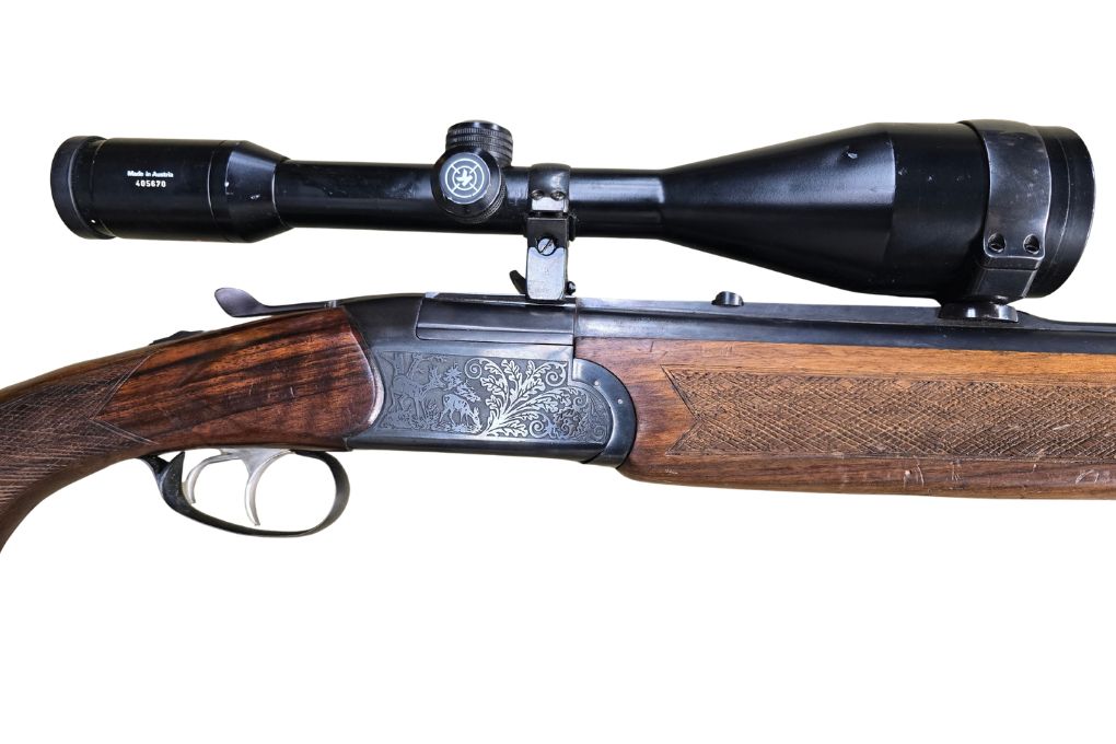gebr. BRÜNNER Mod. 502.6 mit SM montiertes KAHLES Helia 7x56L Abs. 7A, Zustand: Gut - Kal. 12/70