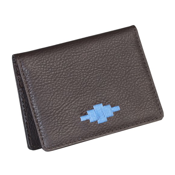 PAMPEANO Pase Travel Card Holder-brown leather with blue stitching 