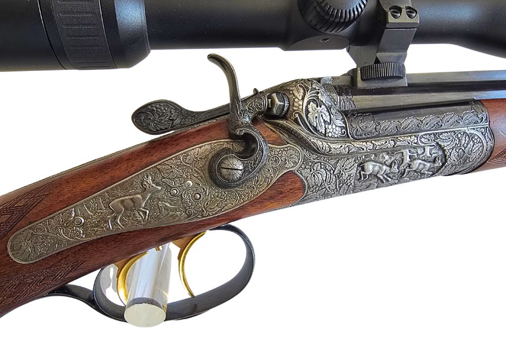gebr. Ischler Hahnstutzen mit tiefgestochenen Tierstücken und montiertem SWAROVSKI Z3 3-9x36A Abs. 4, Zustand: Sehr gut