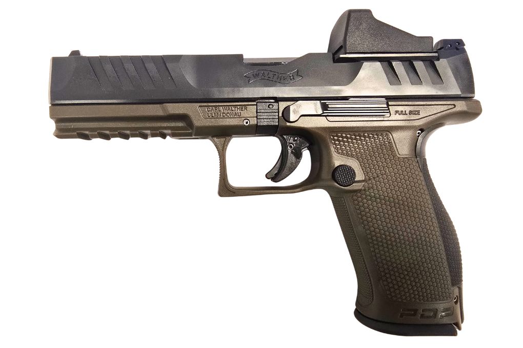 gebr. WALTHER Mod. PDP Full Size Olive mit montiertem GPO Pistol Dot im Originalkoffer mit Reservemagazin und Zubehör, Zustand: Neuwertig - NPR: € 1.265,00