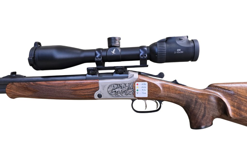 gebr. MERKEL Bockbüchsflinte Mod. B4 mit Aufkippmontage montiertes SWAROVSKI Z6i 2-12x50 L mit Ballistikturm, Zustand: Neuwertig, NPR: € 8.565,00 Kal. 12/76