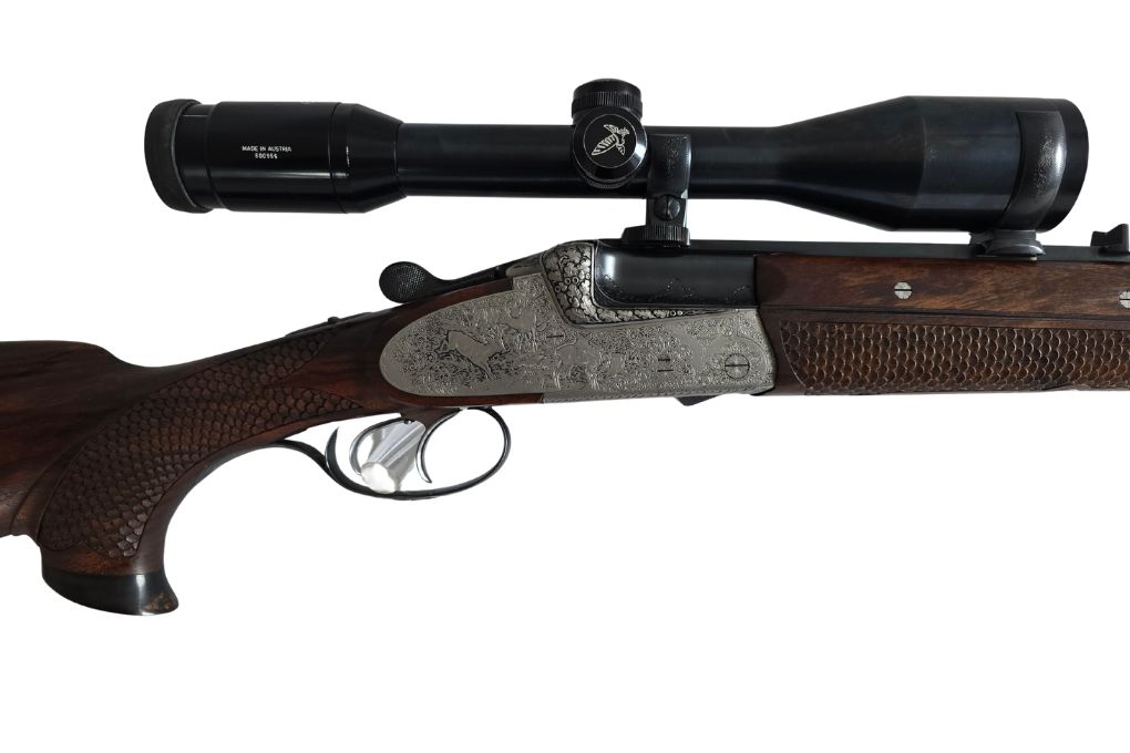 gebr. SODIA Bergstutzen mit lg. Seitenplatten und Schaftmagazin und montiertem SWAROVSKI Habicht 6x42S Abs. 7A, Zustand: Gut Kal. 5,6x50RMag.